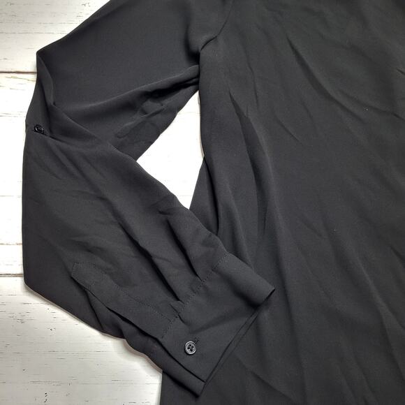 Pleione Black Surplice Faux Wrap Top Long 3/4 Roll Tab Sleeves V Neck Medium - Picture 6 of 9